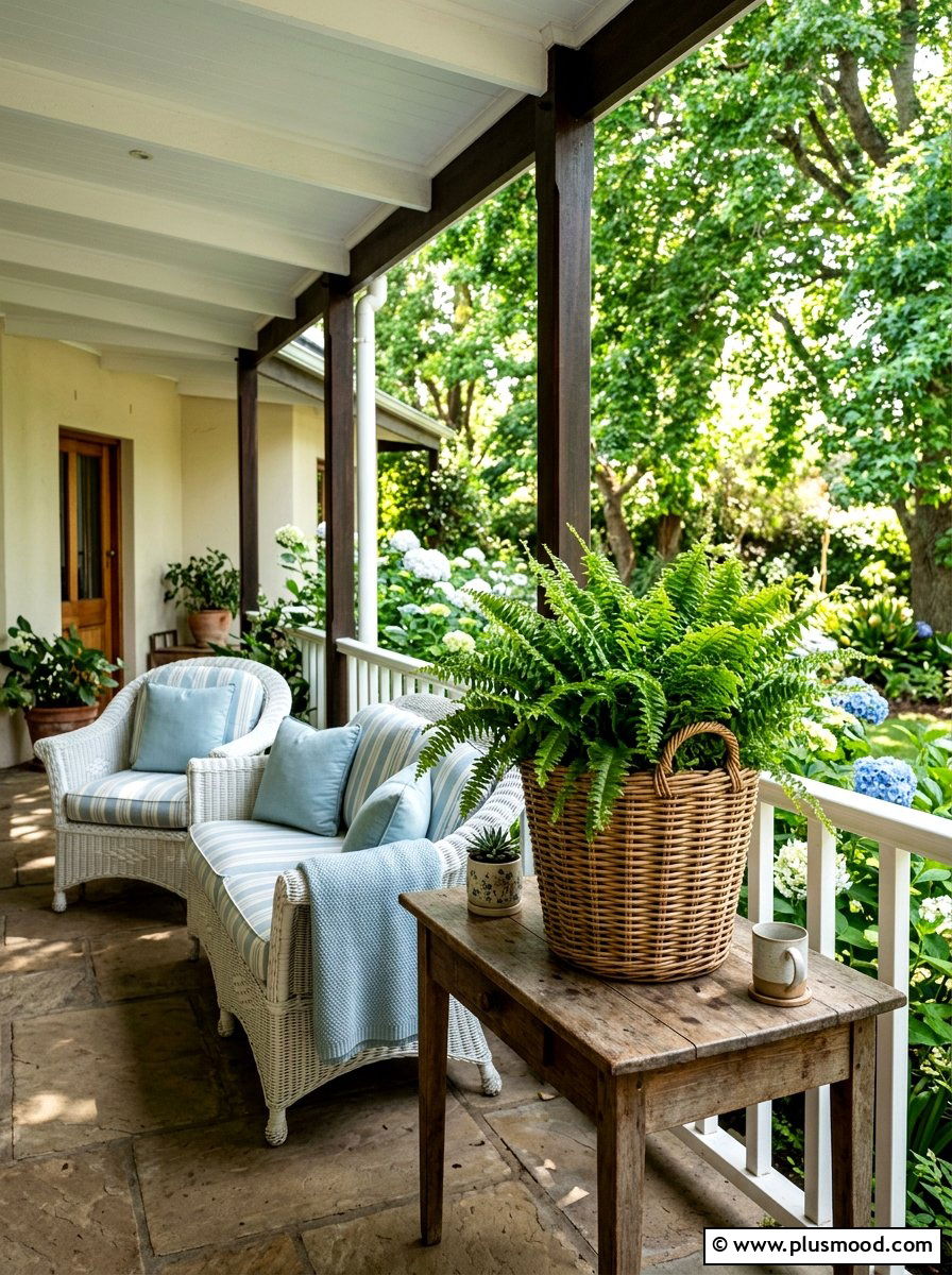 Wicker basket fern display - 25 summer coastal planter ideas