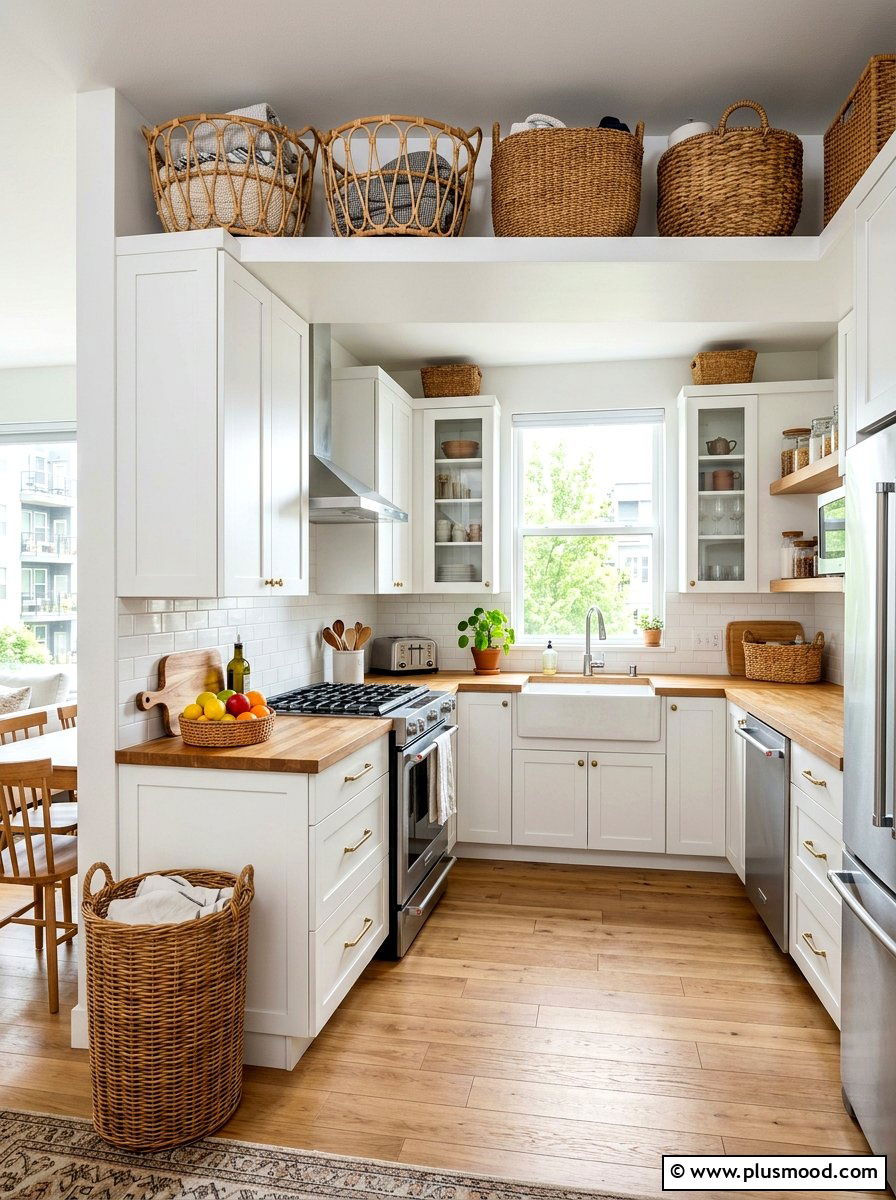 Wicker basket storage - 25 summer kitchen decor ideas for apartments