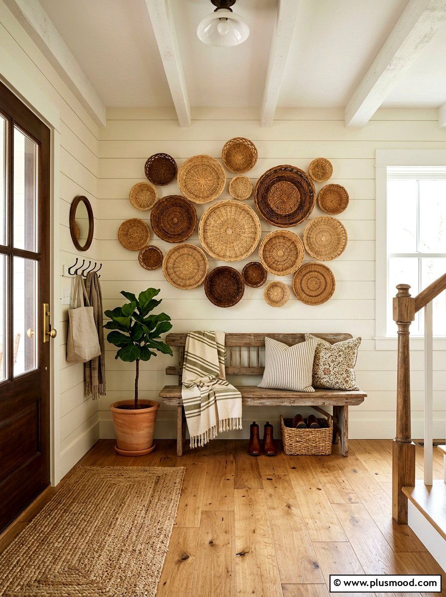 Wicker basket wall hanging - 25 late summer farmhouse decor ideas