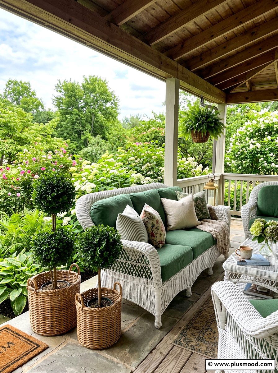 Wicker furniture porch decor - 25 summer front porch decor ideas with topiaries
