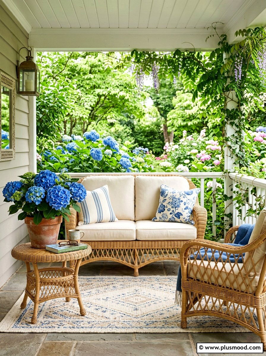 Wicker porch furniture with blue hydrangeas - 25 summer front porch decor ideas with hydrangeas