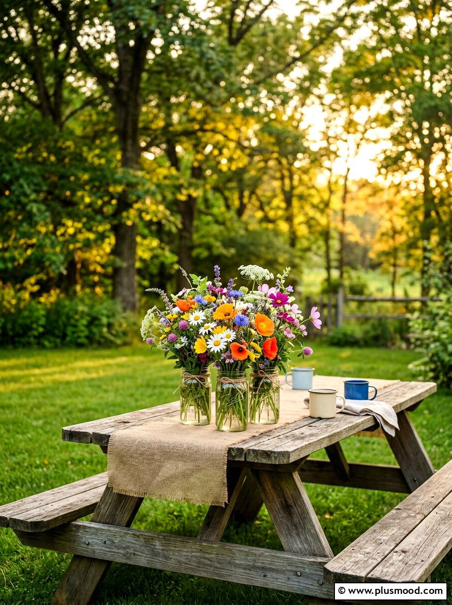 Wildflower bouquet in mason jars - 25 summer patio centerpiece ideas