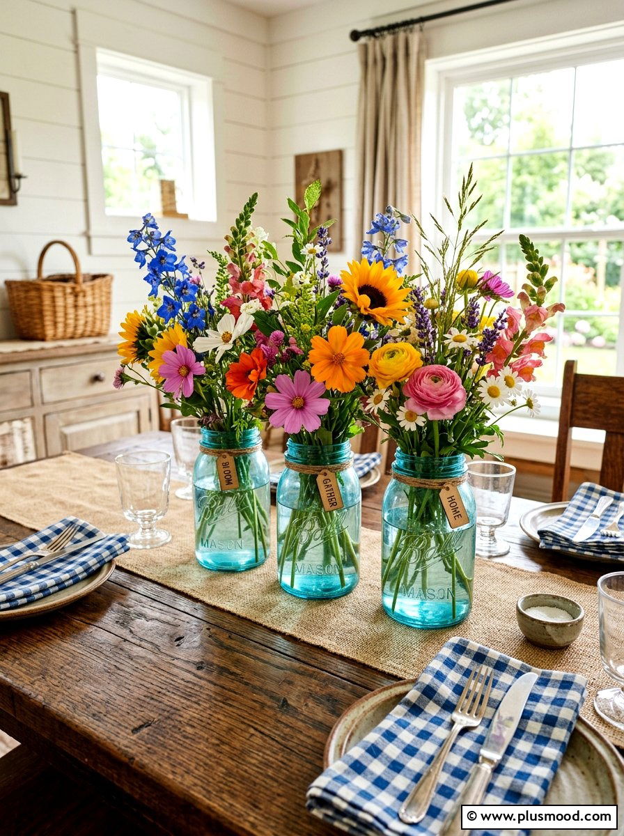 Wildflower mason jar centerpiece - 25 summer kitchen centerpiece ideas