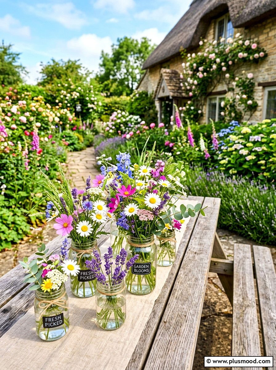 Wildflower mason jar table decor - 25 summer patio table decor ideas