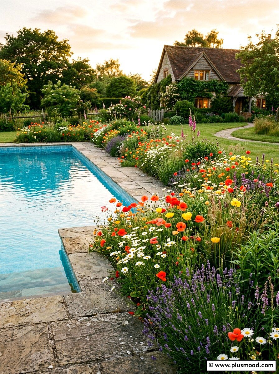 Wildflower pool border - 25 pool landscaping ideas for cottagecore theme