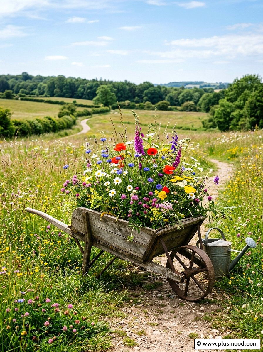 Wildflower wheelbarrow garden bed - 25 outdoor garden decor ideas with wheelbarrow planter