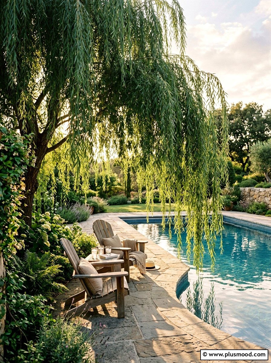Willow tree pool shade - 25 pool landscaping ideas for cottagecore theme
