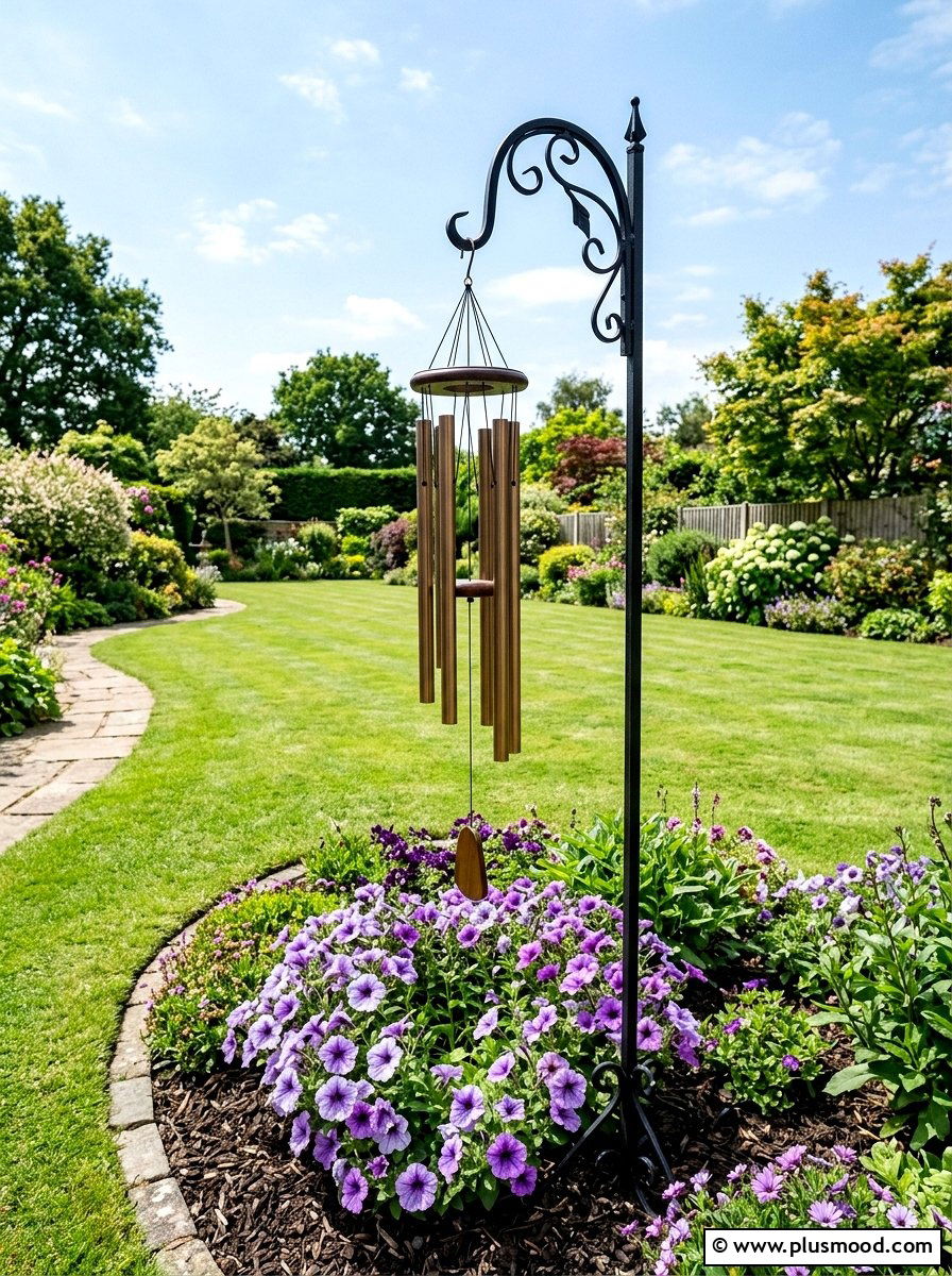 Wind chime shepherd hook - 25 outdoor garden decor ideas with wind chimes
