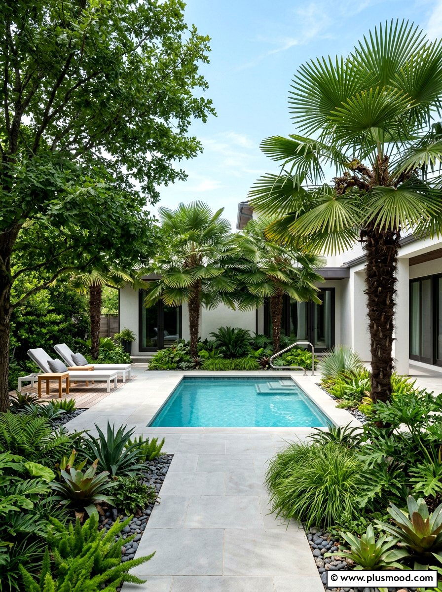 Windmill Palm Pool Garden - 25 pool landscaping ideas with shade trees