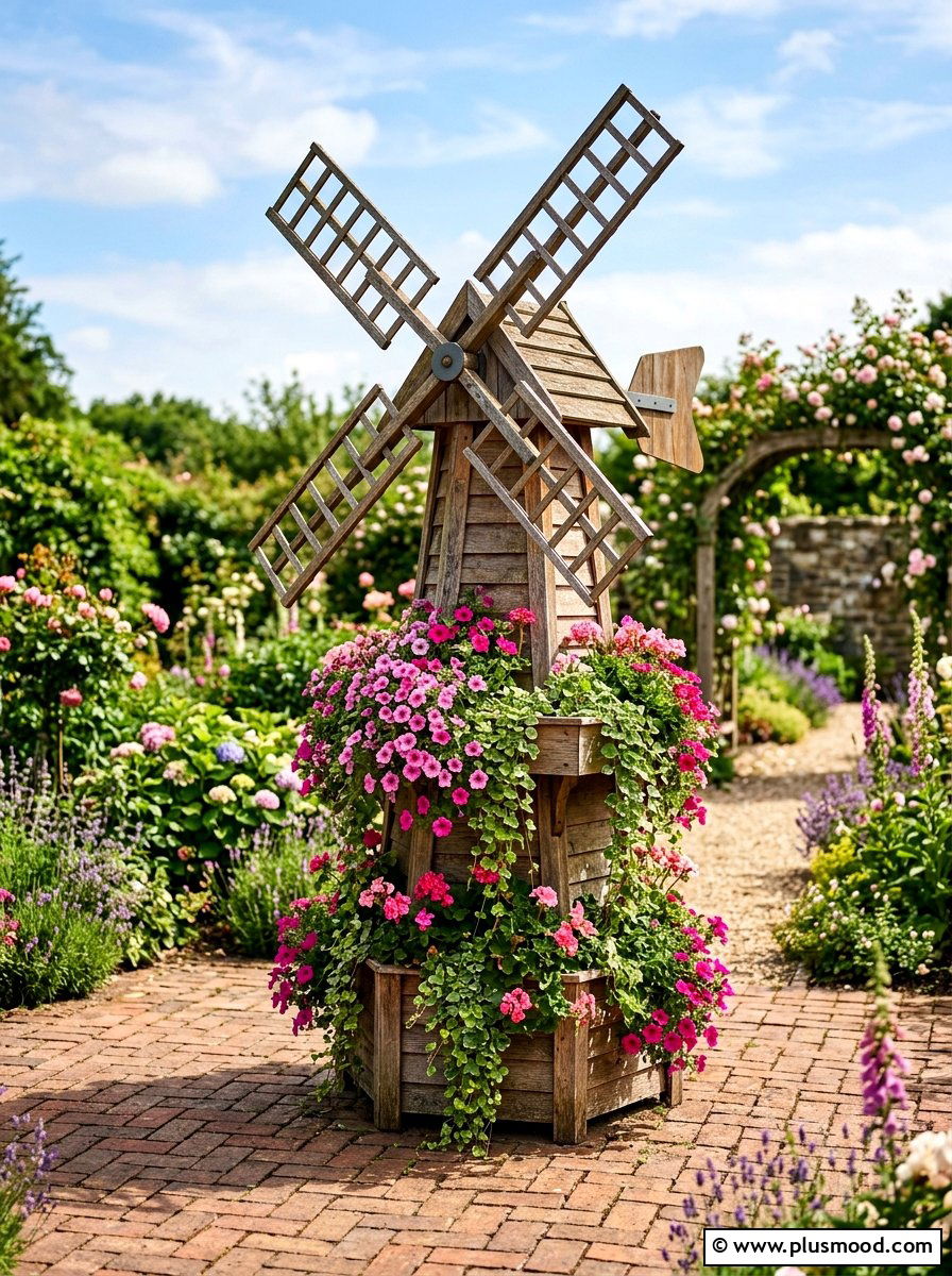 Windmill Planter - 25 outdoor garden decor ideas with windmill