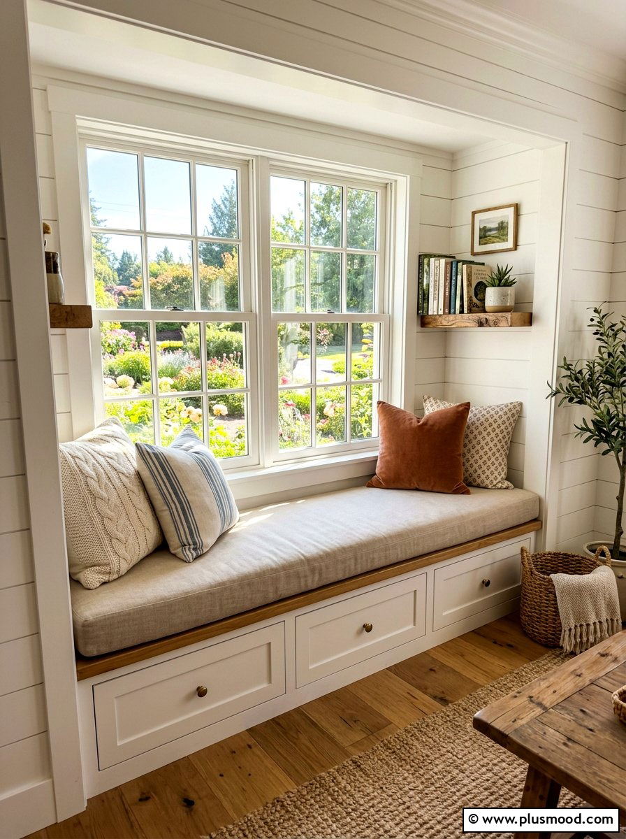 Window Seat - 25 summer modern farmhouse summer decor ideas