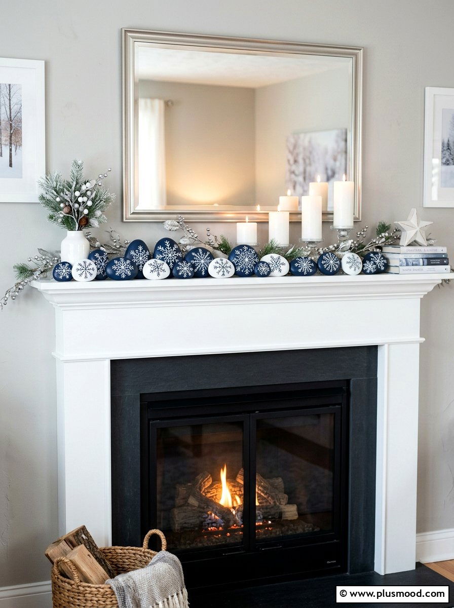 Winter Snowflake Painted Stones - 25 painted rock ideas with seasonal themes