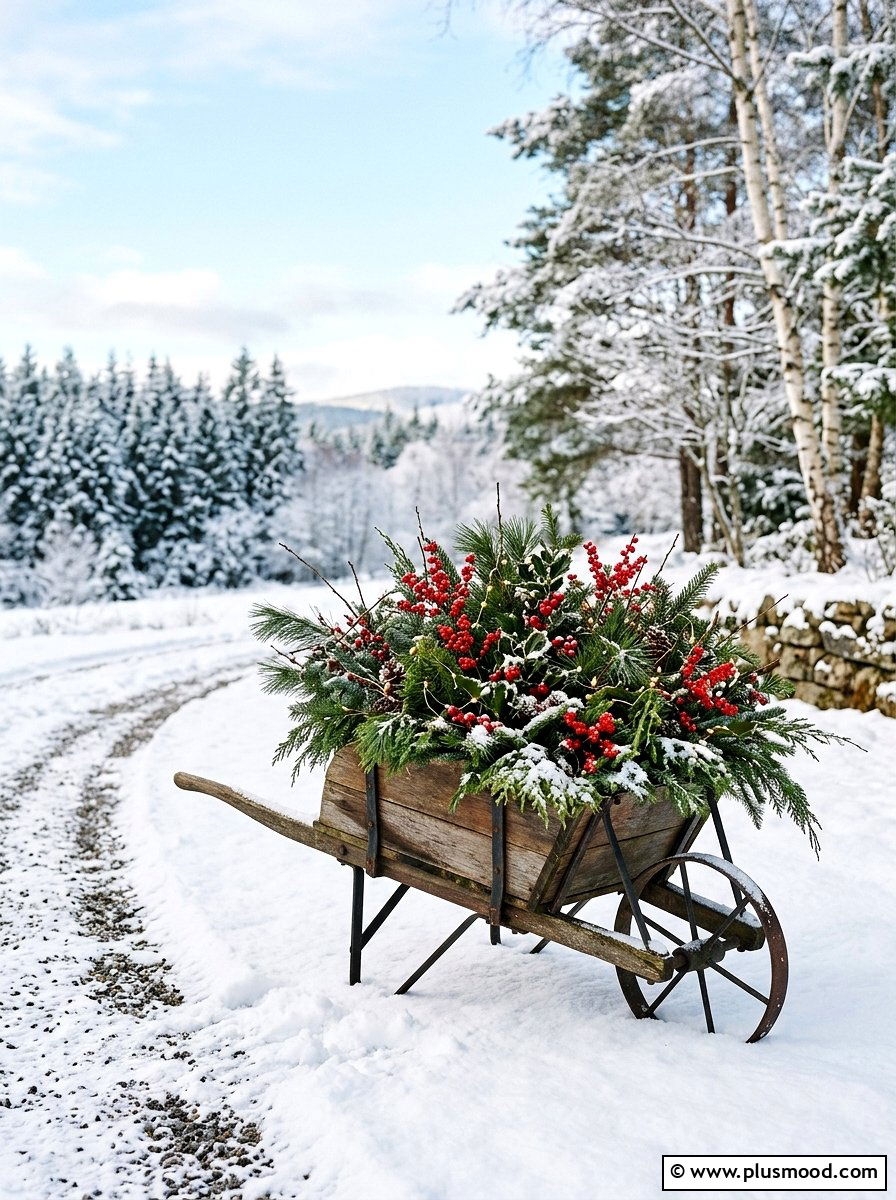 Winter evergreen wheelbarrow planter - 25 outdoor garden decor ideas with wheelbarrow planter