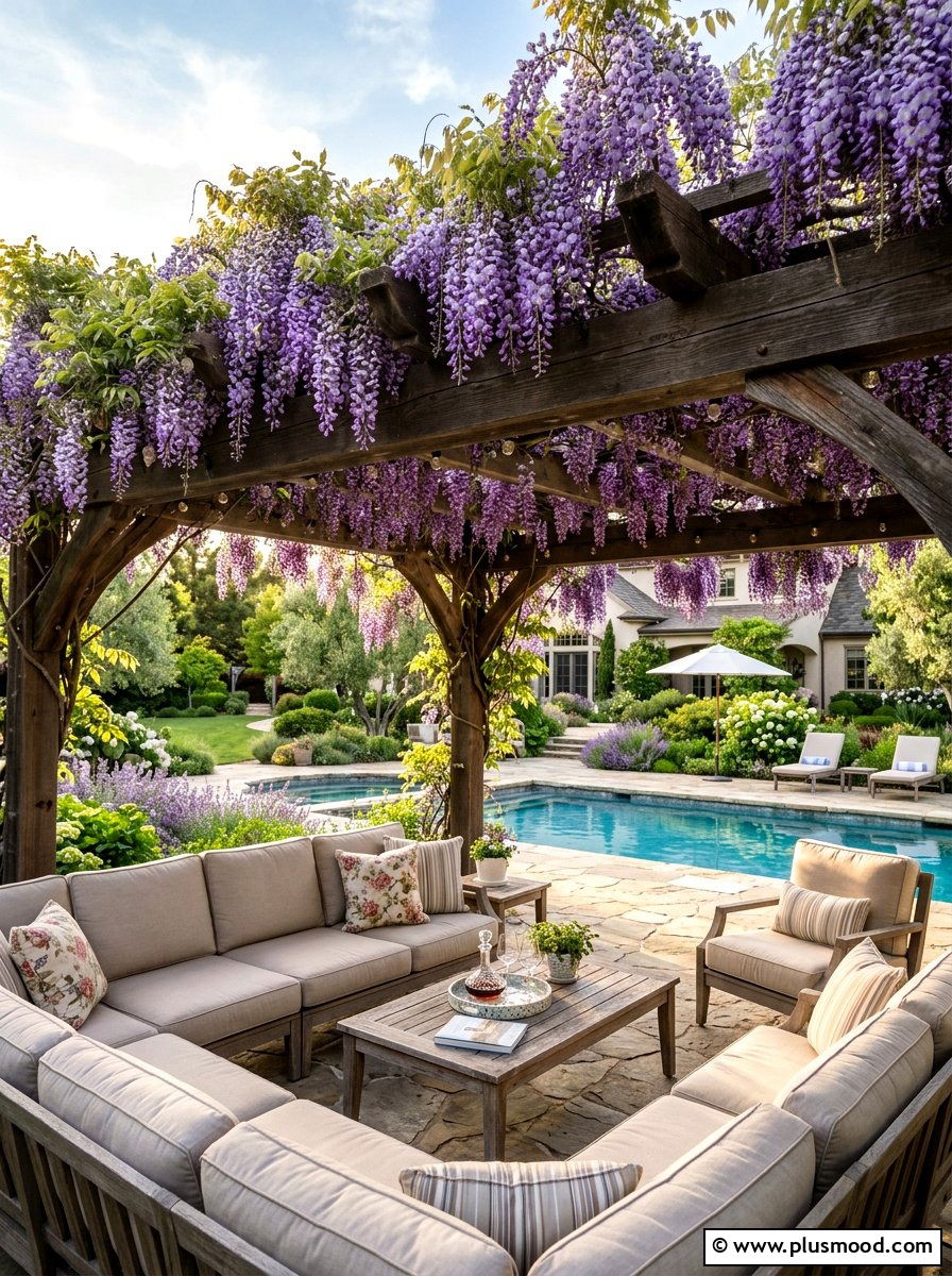 Wisteria Poolside Pergola - 25 pool landscaping ideas with climbing plants