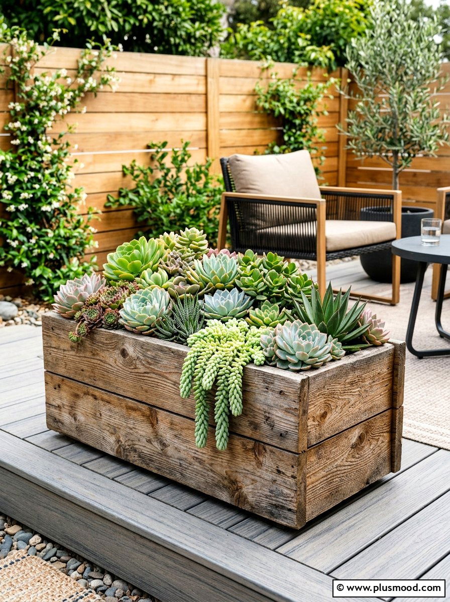 Wood Box Succulent Planter - 25 small backyard ideas with succulent garden