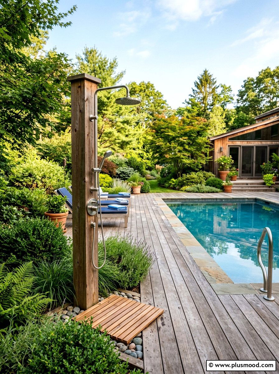 Wood Deck Pool Landscaping With Shower - 25 pool landscaping ideas with outdoor shower