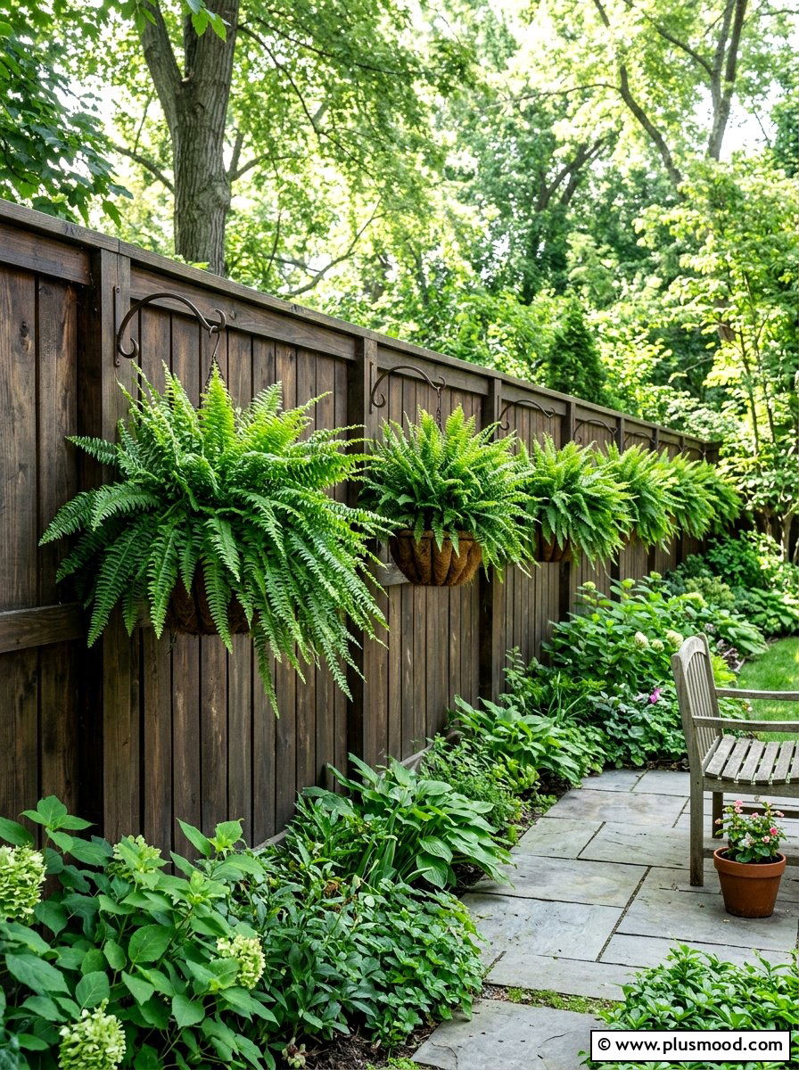 Wood Fence Hanging Ferns - 25 small backyard ideas with wood fence