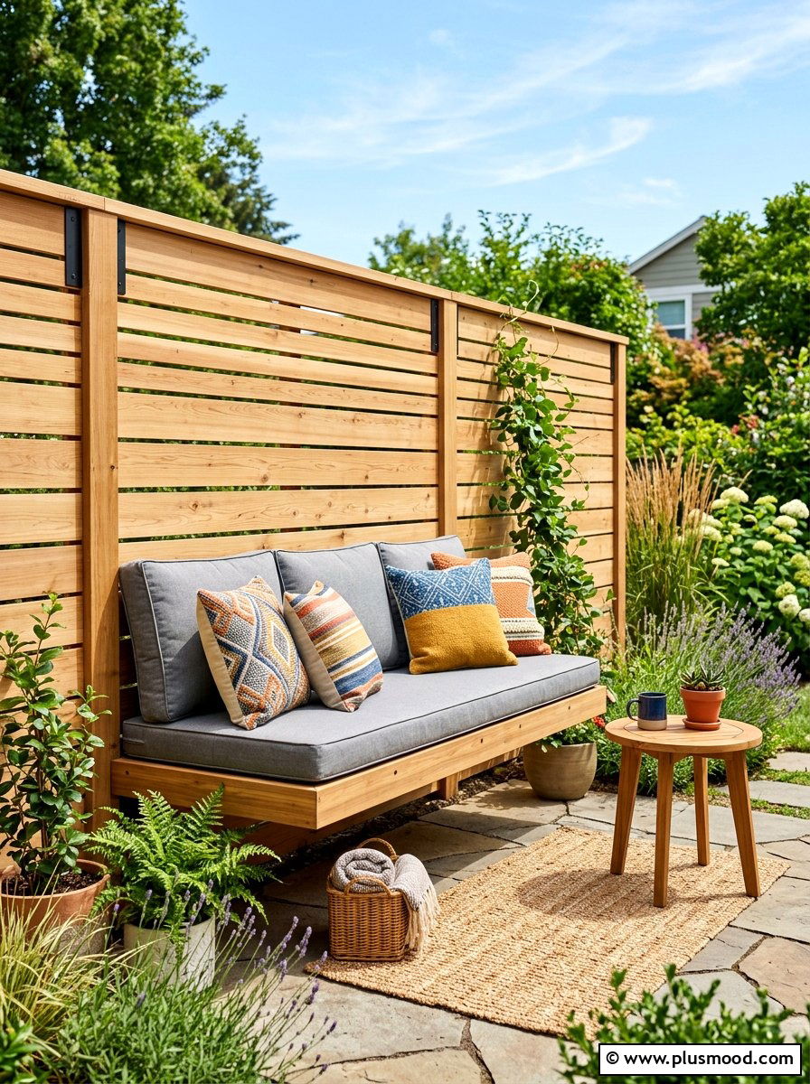 Wood Fence Seating - 25 small backyard ideas with wood fence