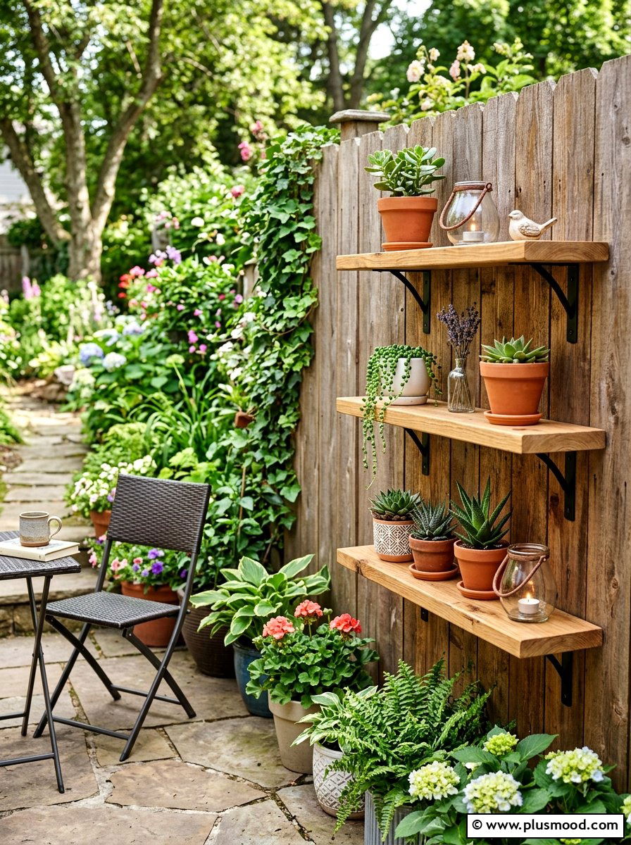Wood Fence Shelves - 25 small backyard ideas with wood fence