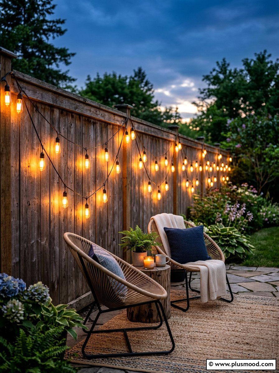 Wood Fence String Lights - 25 small backyard ideas with wood fence