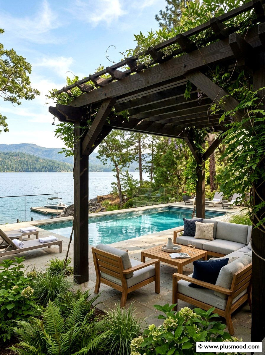 Wood Pergola For Lakefront Pool - 25 pool landscaping ideas for lakefront homes