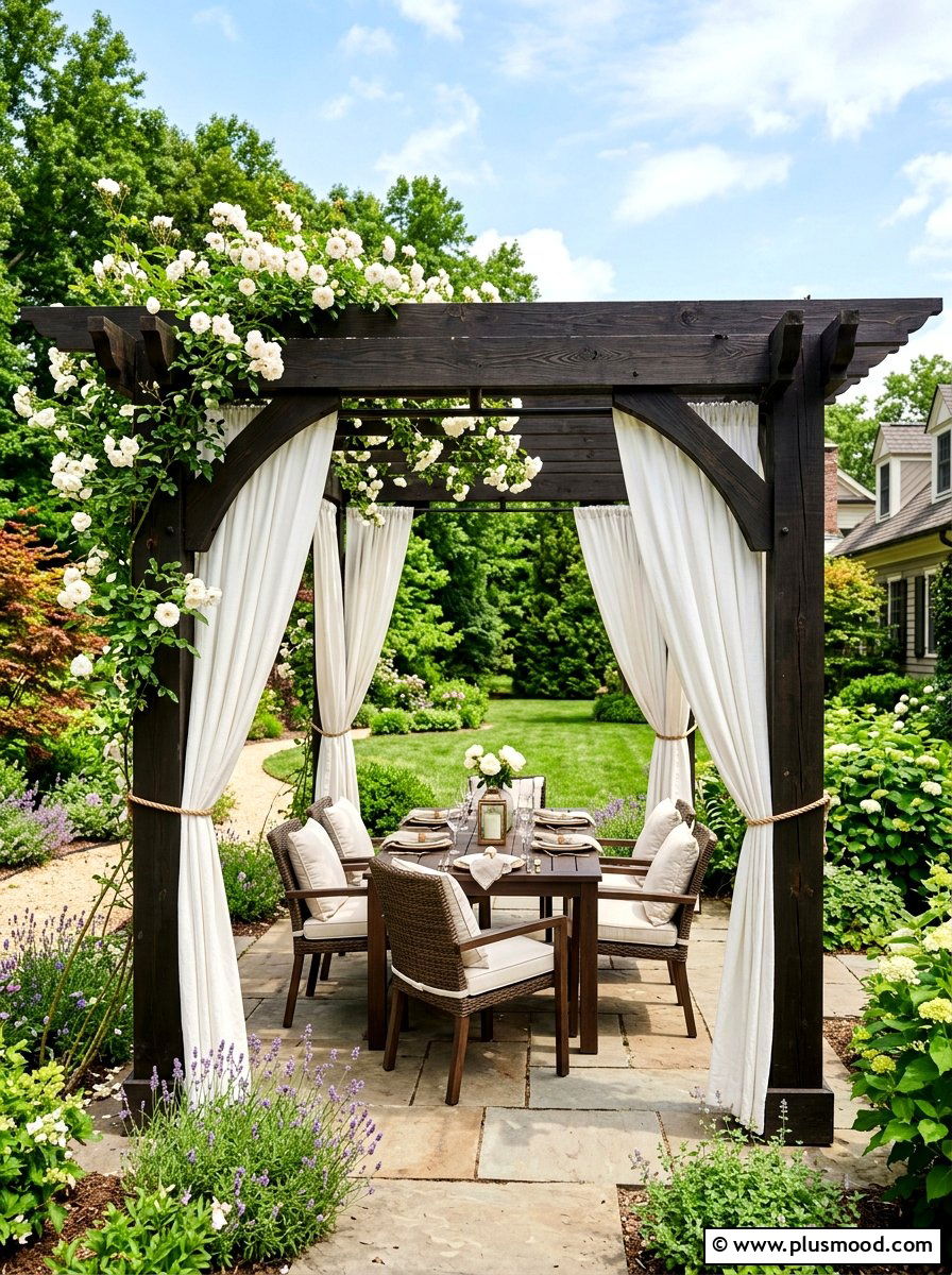 Wood Pergola With Curtains - 25 summer backyard retreat ideas