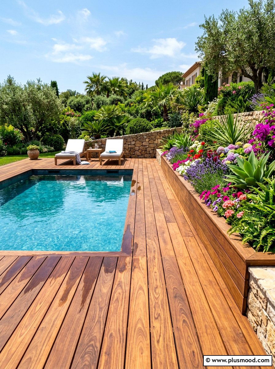 Wood Pool Decking - 25 summer pool lounge area ideas