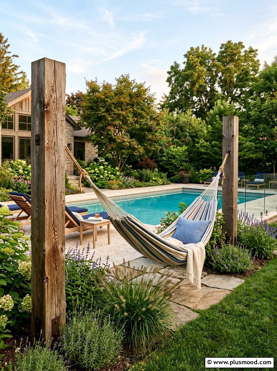 Wood Post Hammock - 25 pool landscaping ideas for natural pools