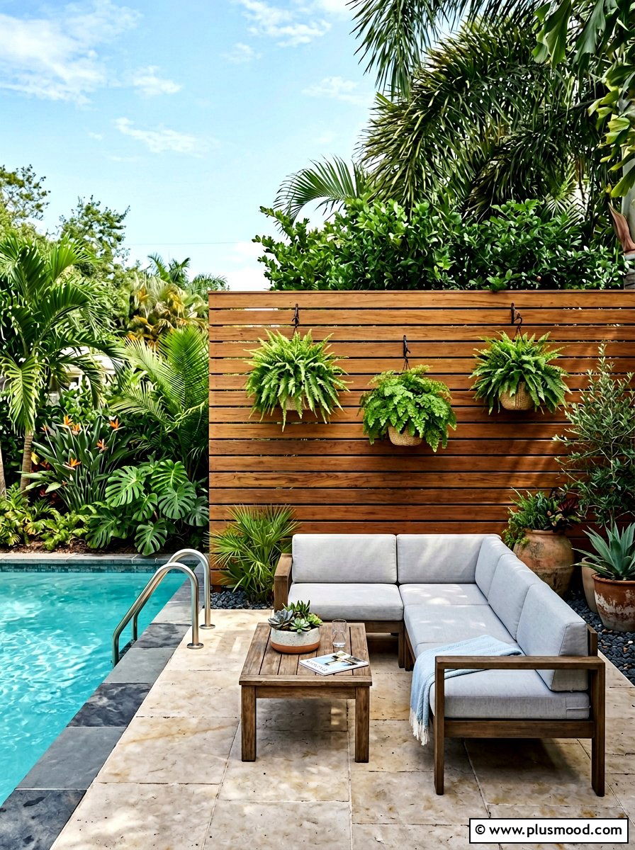 Wood Slat Privacy Screen Pool Shade - 25 pool landscaping ideas for shaded backyards