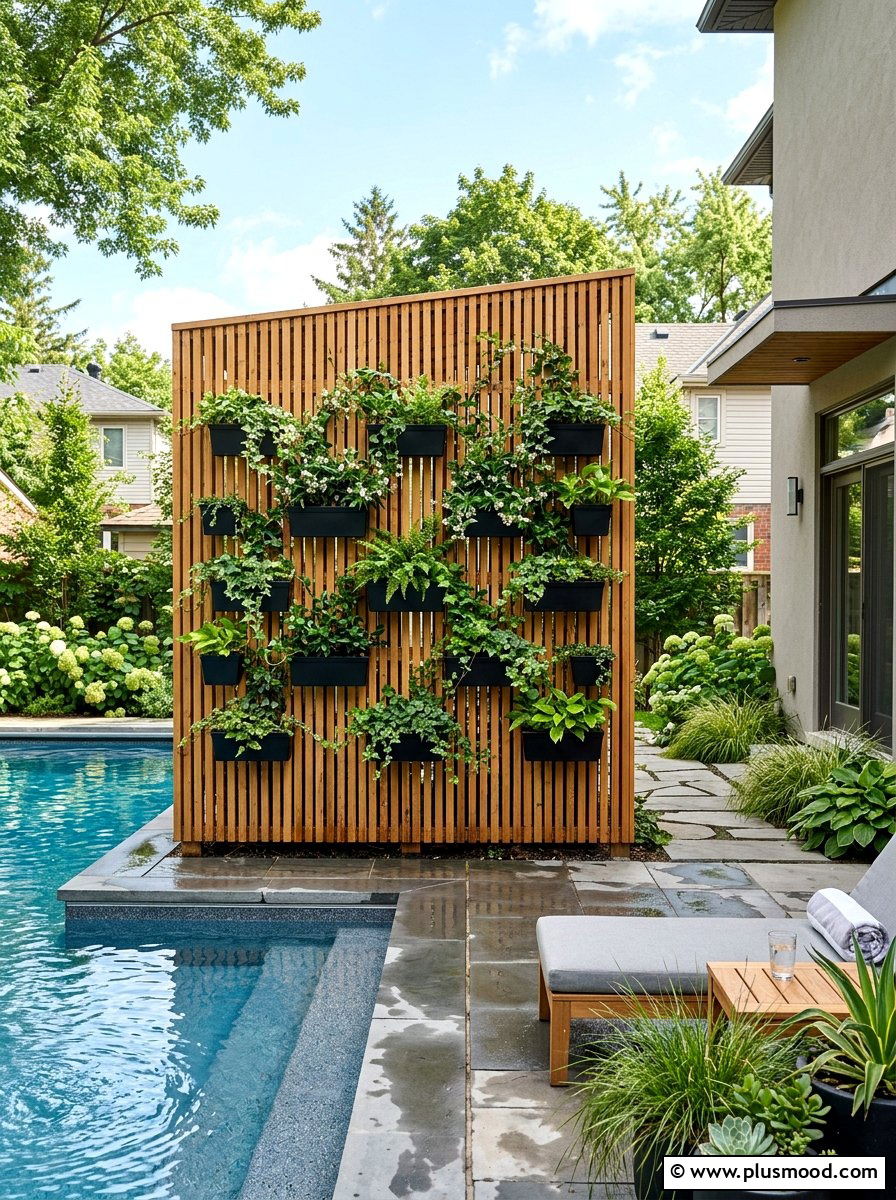 Wood Slat Vertical Garden Pool Privacy - 25 pool landscaping ideas with vertical garden