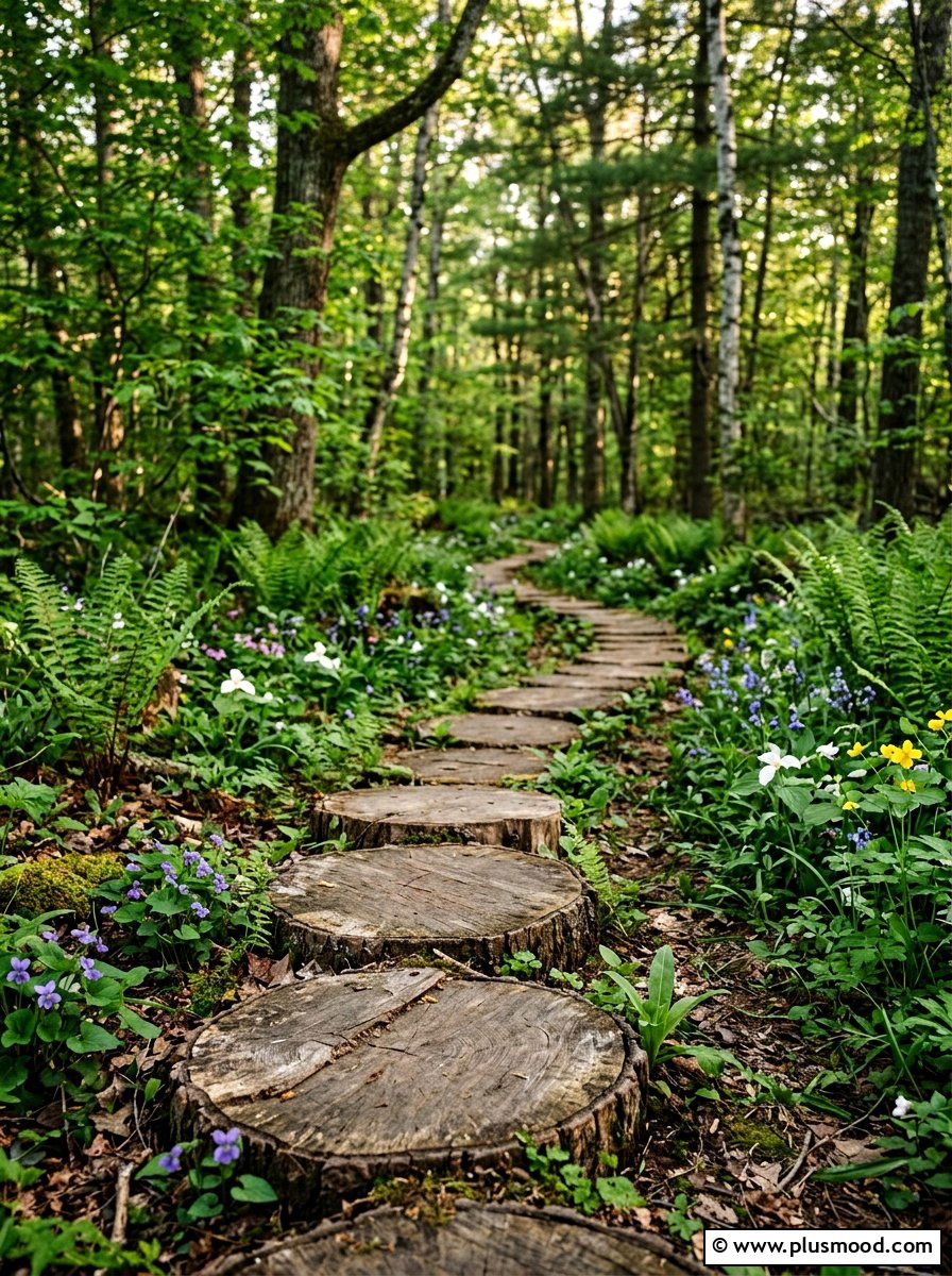 Wood Slice Path - 25 small backyard ideas with curved path