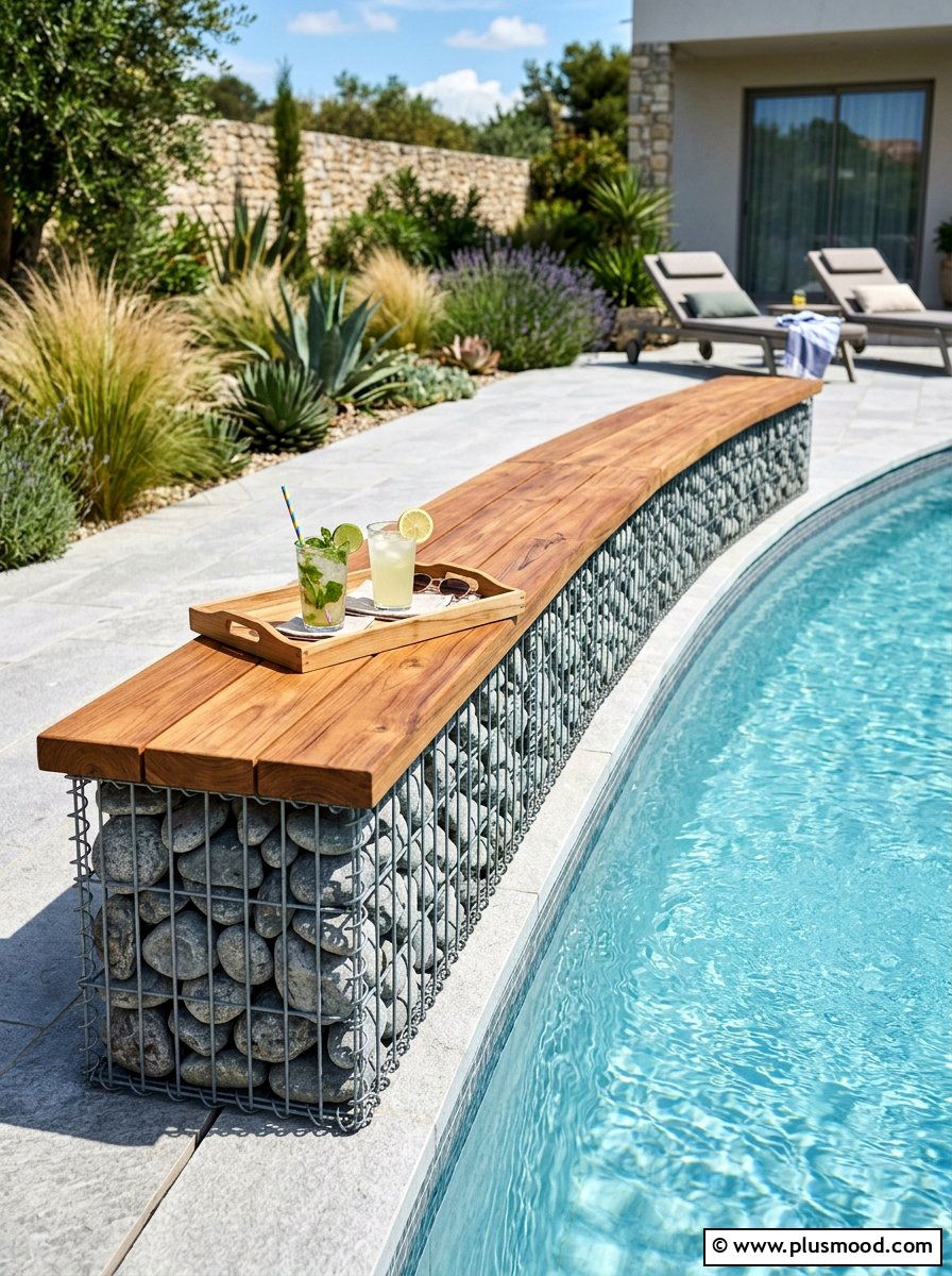 Wood Topped Gabion Seating Wall - 25 pool landscaping ideas with gabion walls