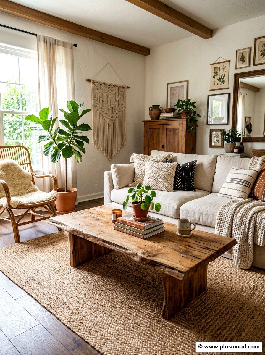 Wood coffee table - 25 boho summer living room ideas