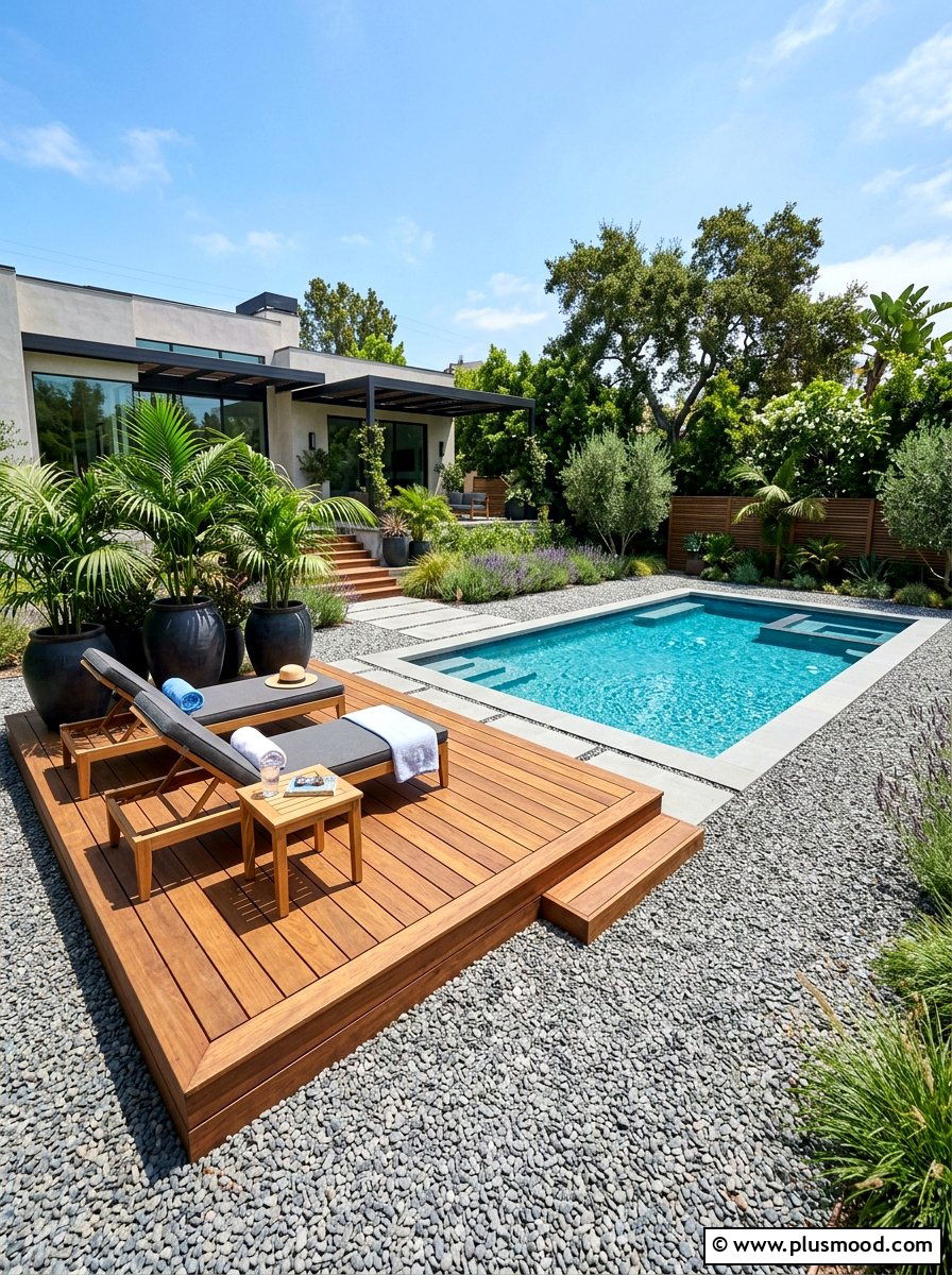 Wood deck and gravel pool - 25 pool landscaping ideas with gravel