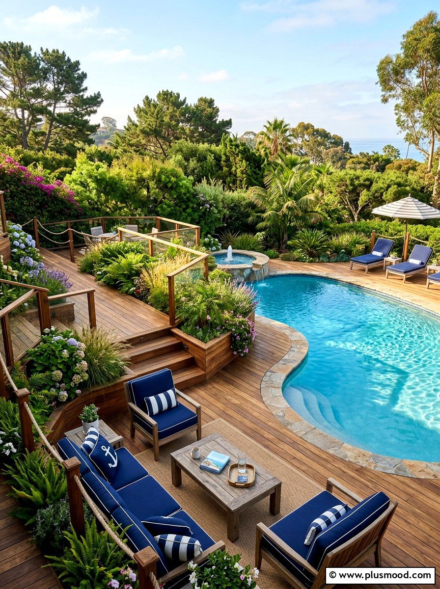 Wood deck pool area - 25 pool landscaping ideas with outdoor seating