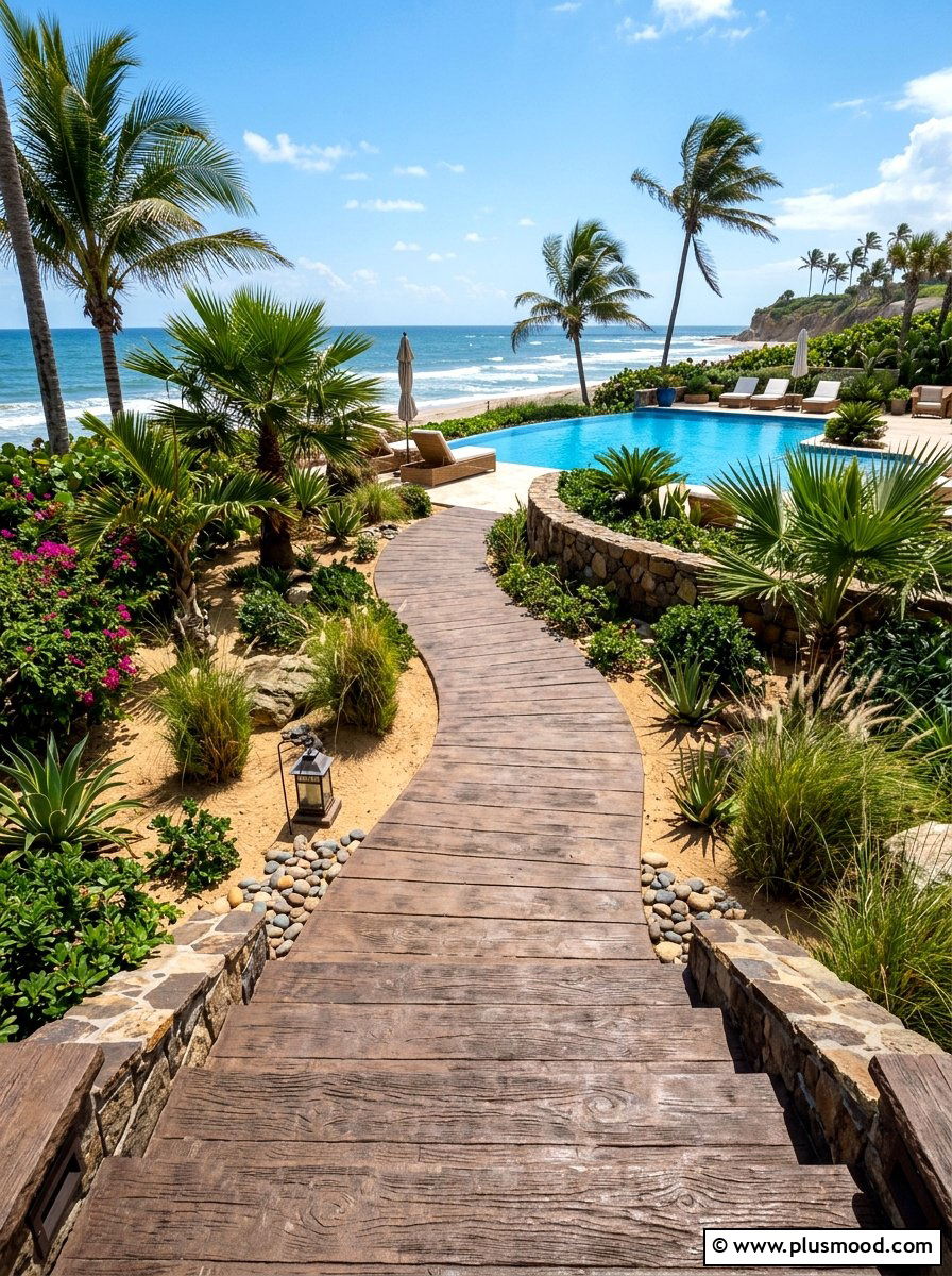 Wood look concrete steps - 25 pool landscaping ideas with stepping stones