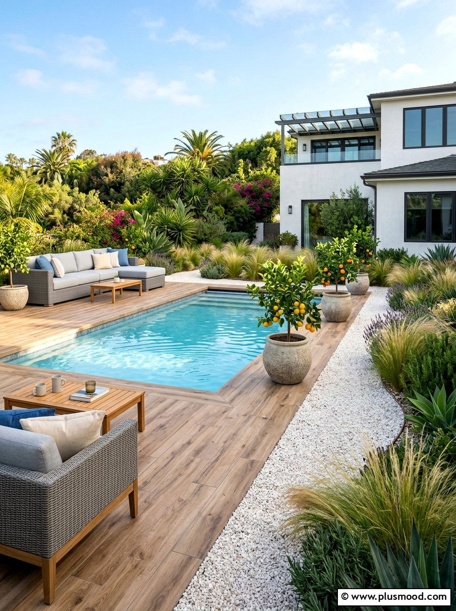 Wood look tile pool surround - 25 pool landscaping ideas with tile accents