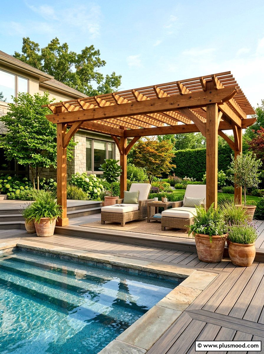 Wood pergola over pool deck - 25 pool landscaping ideas with pergola shade