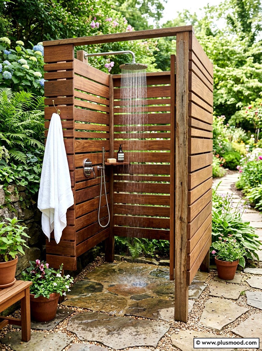 Wood slat outdoor shower - 25 summer outdoor shower ideas
