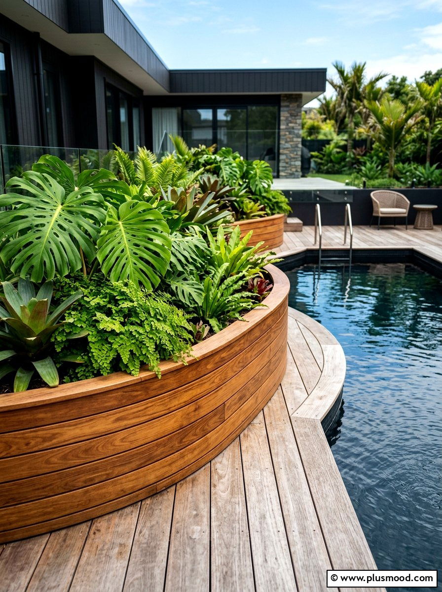Wood slat pool planter - 25 pool landscaping ideas with curved planters