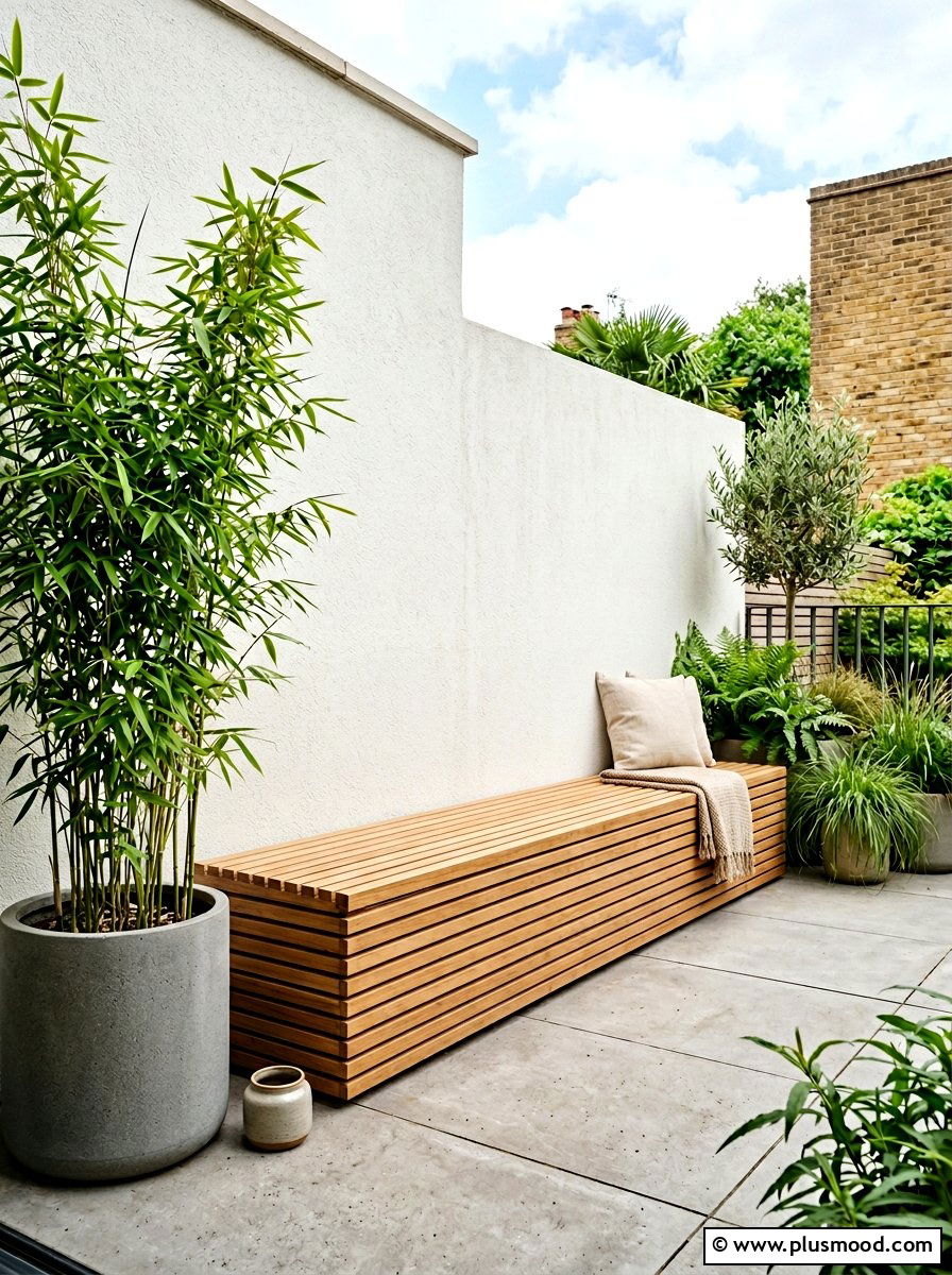 Wood slat wall seating - 25 small backyard ideas with seating wall
