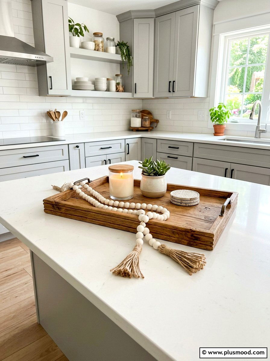 Wood tray beaded garland - 25 summer kitchen centerpiece ideas