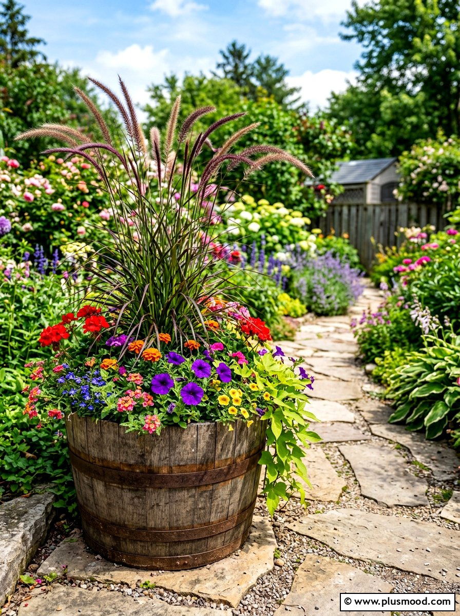 Wooden Barrel Planter - 25 summer colorful planter ideas