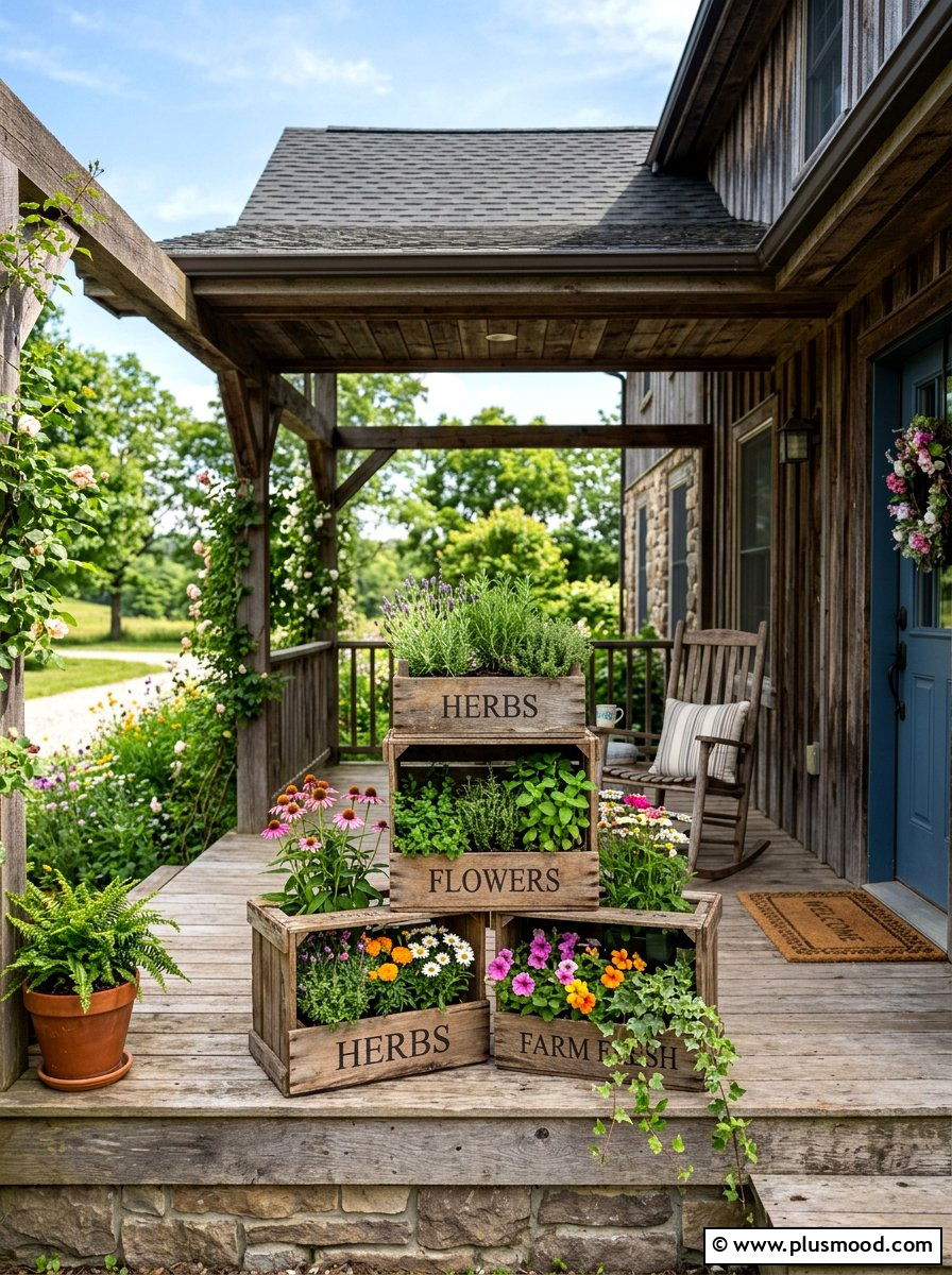 Wooden Crate Porch Display - 25 summer front door planter ideas
