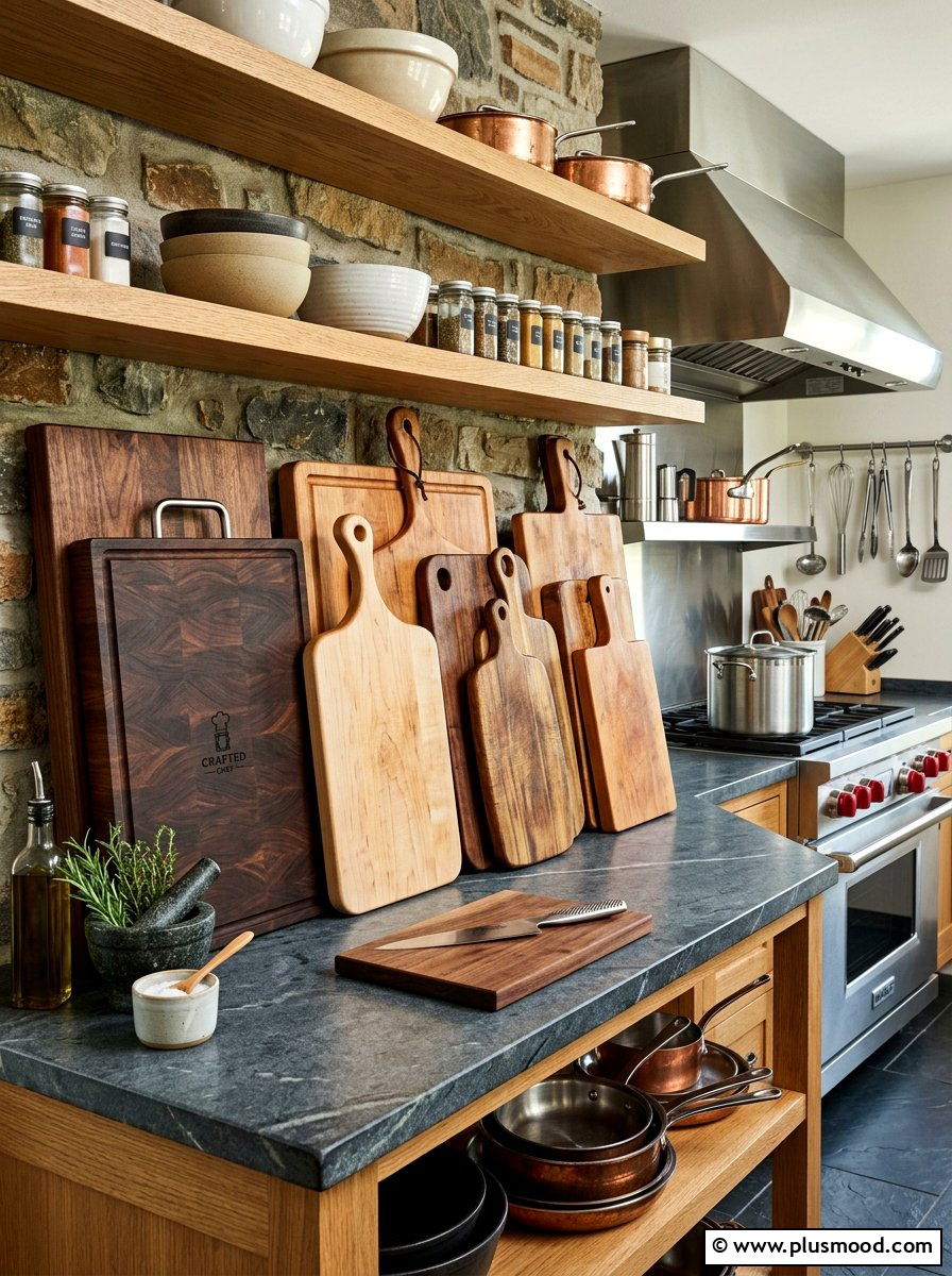 Wooden Cutting Boards - 25 summer kitchen shelf decor ideas
