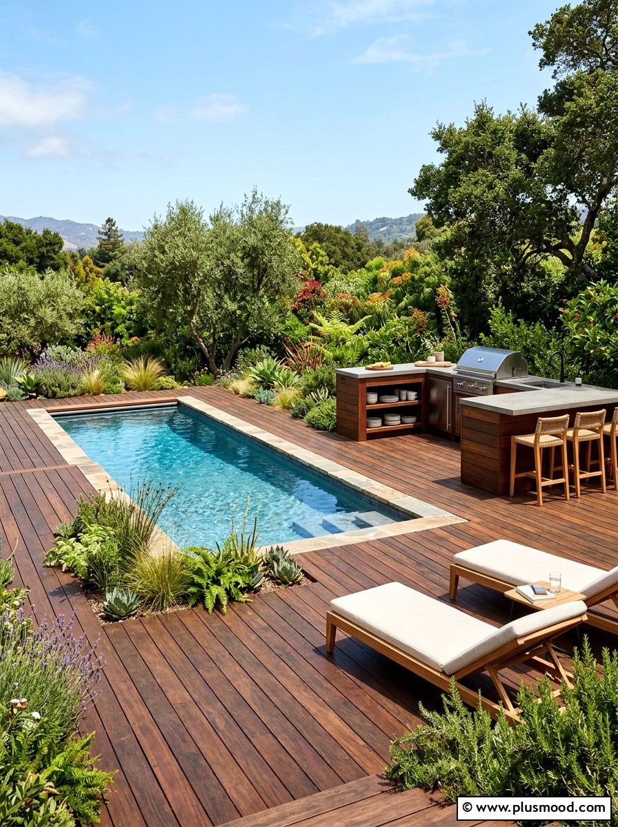 Wooden Deck Pool - 25 pool landscaping ideas with outdoor kitchen