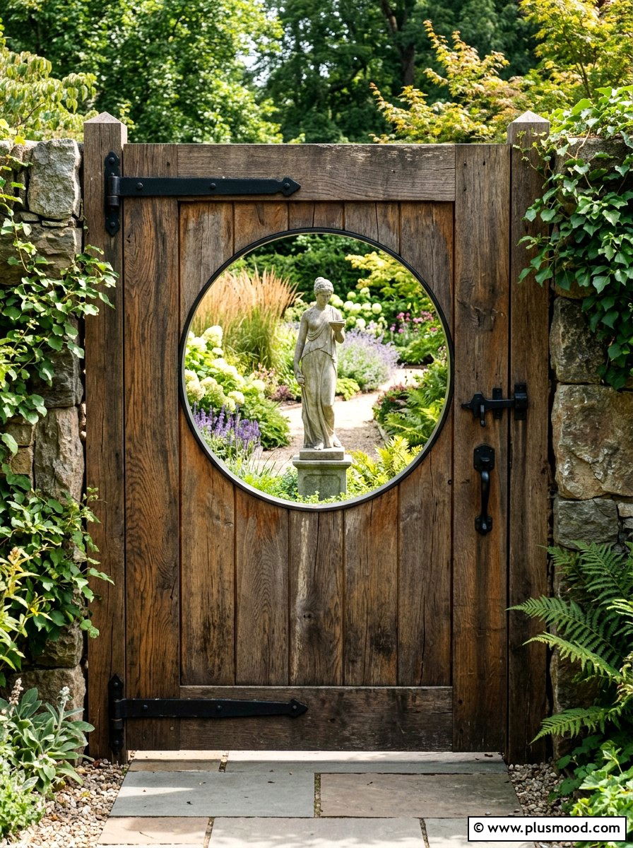 Wooden Gate Circular Window Cutout - 25 outdoor garden decor ideas with wooden gate