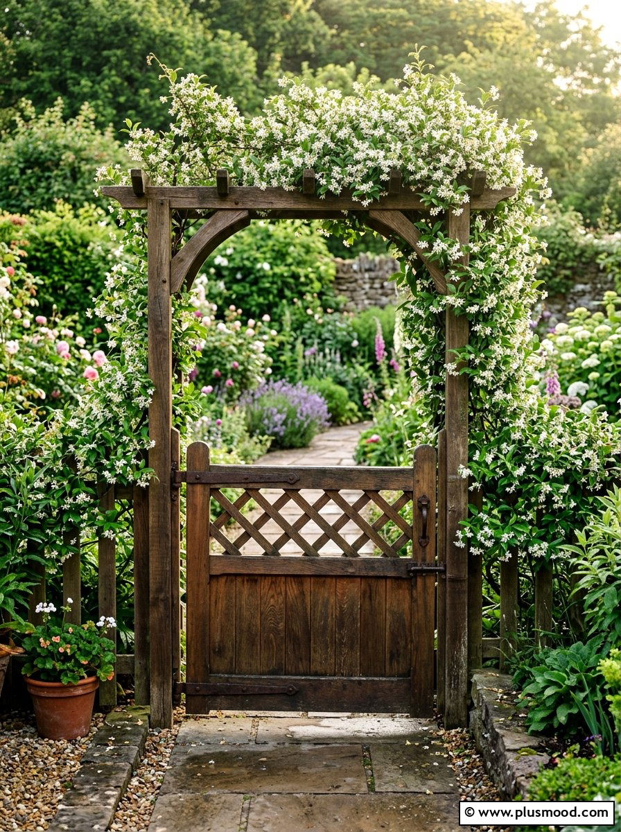 Wooden Gate Integrated Trellis Vines - 25 outdoor garden decor ideas with wooden gate