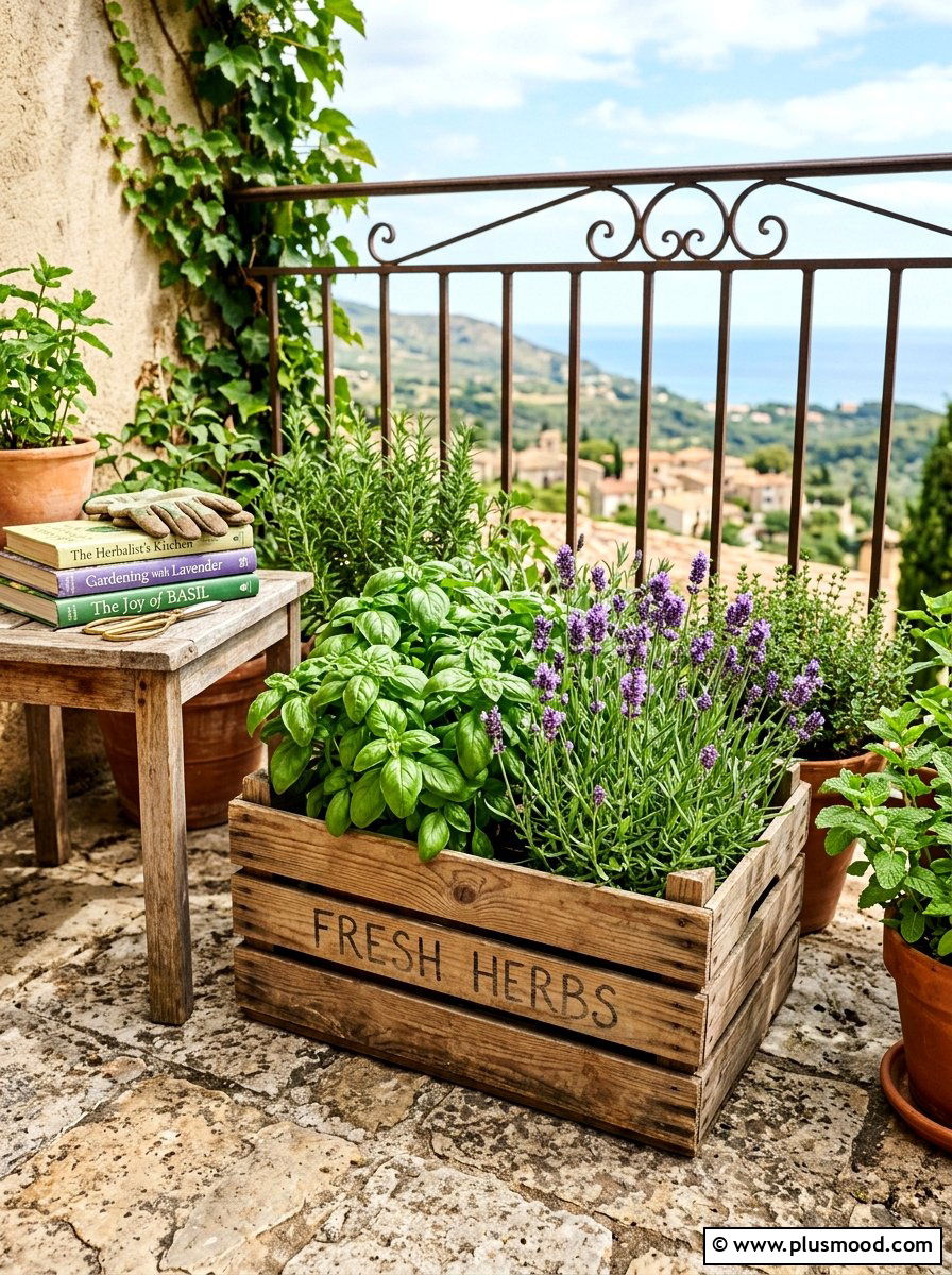 Wooden Herb Crate - 25 summer balcony herb garden ideas