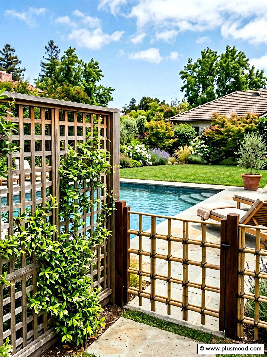 Wooden Lattice Pool Fence - 25 pool landscaping ideas with Japanese style